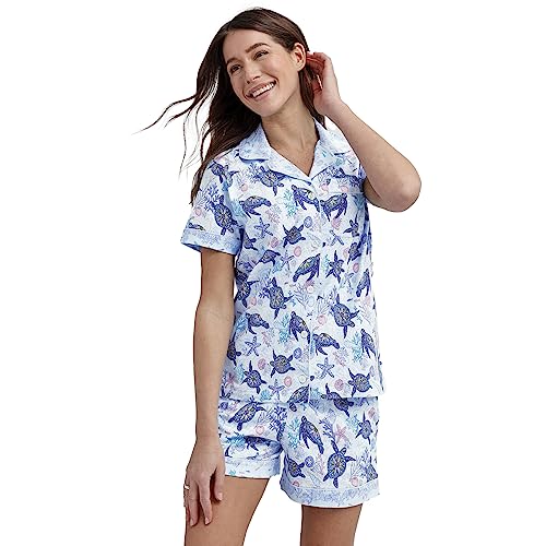 Vera Bradley Damen Pyjama-Set aus Baumwolle mit kurzärmeligem Hemd und Shorts mit Knöpfen Pyjamaset, Turtle Dream, XXL von Vera Bradley