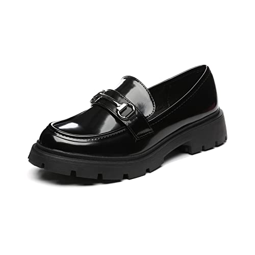 Vera Creation Damen Chunky Plateau Loafer mit Kette oder Schnalle Lackleder Casual Business Arbeitsschuhe Komfort Slip-on, Schwarze Schnalle, 42 EU von Vera Creation