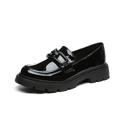 Vera Creation Damen Chunky Plateau Loafer mit Kette oder Schnalle Lackleder Schwarz Penny Loafers Mode Büroschuhe Schule Kleid Schuhe Komfort Slip-on, Black + Black Buckle Pro, 37 EU von Vera Creation