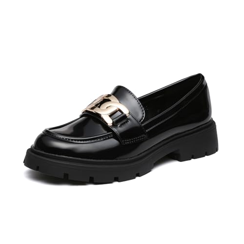Vera Creation Damen Chunky Plateau Loafer mit Kette oder Schnalle Lackleder Schwarz Penny Loafers Mode Büroschuhe Schule Kleid Schuhe Komfort Slip-on, Schwarz + goldfarbene Schnalle, 41.5 EU von Vera Creation