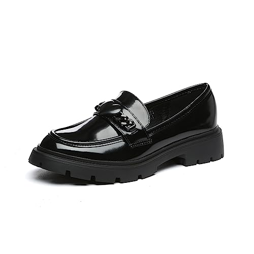 Vera Creation Damen klobig Plattform Loafers mit Kette oder Schnalle Lackleder Casual Business Schuhe Komfort Slip-on (Schwarz+Liebe Schnalle 36) von Vera Creation