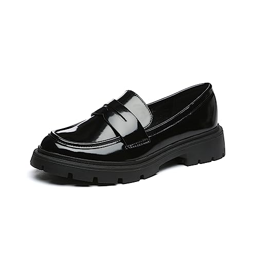 Vera Creation Damen klobig Plattform Loafers mit Kette oder Schnalle Lackleder Casual Business Schuhe Komfort Slip-on (Schwarz+Penny 36) von Vera Creation