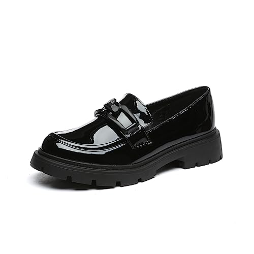 Vera Creation Damen klobig Plattform Loafers mit Kette oder Schnalle Lackleder Casual Business Schuhe Komfort Slip-on (Schwarz+Schwarze Schnalle1 36) von Vera Creation