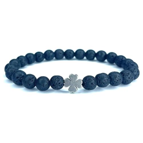 Herren-Armband aus schwarzem Lavastein, mit Kleeblatt, Glücksbringer – männlicher Schmuck, Energie – Stärke, Stabilität & Glück – natürliche Perlen 8 mm – Heilstein von Vera Mentis