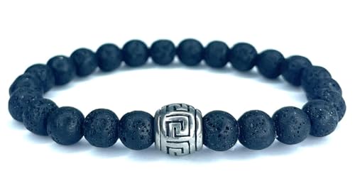 Herren-Armband aus schwarzem Lavastein mit griechischem Schlüssel, griechisches Friesen-Motiv, griechische Inspiration, Energie-Schmuck, eleganter Schmuck, Perlen, 8 mm, Heilstein, Geschenk für Herren von Vera Mentis