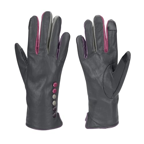 Tiffany G01 Vera Tucci Lederhandschuh mit Knöpfen und Fingern, mehrfarbig, dunkelgrau, Small-Medium von Vera Tucci