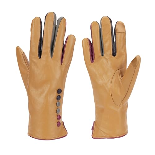 Vera Tucci Damen Lederhandschuhe - Winterhandschuhe mit Touchscreen Finger, Fäustlinge, Senffarben, L-XL von Vera Tucci