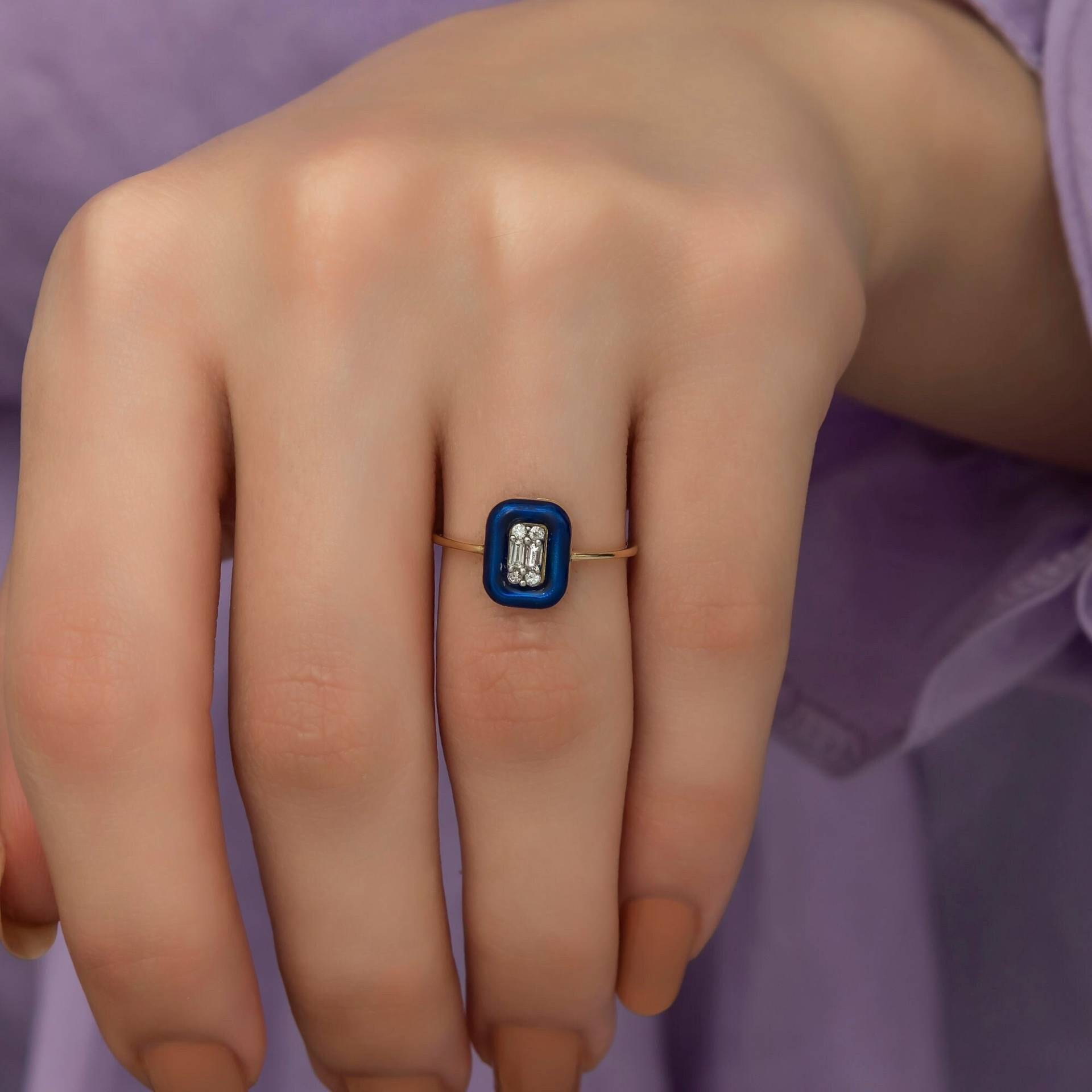 14K Gold Diamant Emaille Ring Für Frau/Dünne Ringe Geschenk Sie Navy Blue Frauenringe Valentinstag von VeraByEden