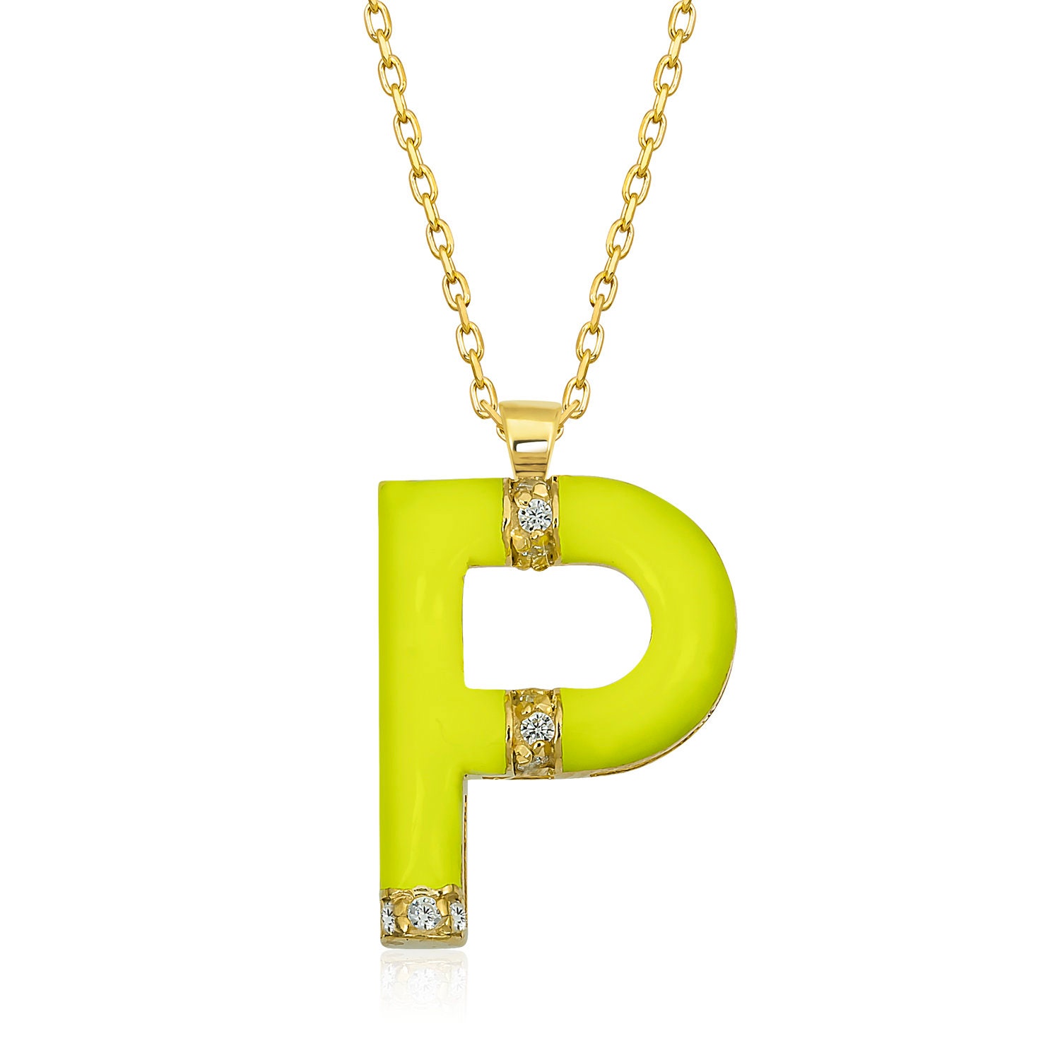 Diamant Initial Halskette Für Frau/Neon Gelb Emaille 14K Gold Buchstabe P Anhänger Geburtstagsgeschenk Sie von VeraByEden