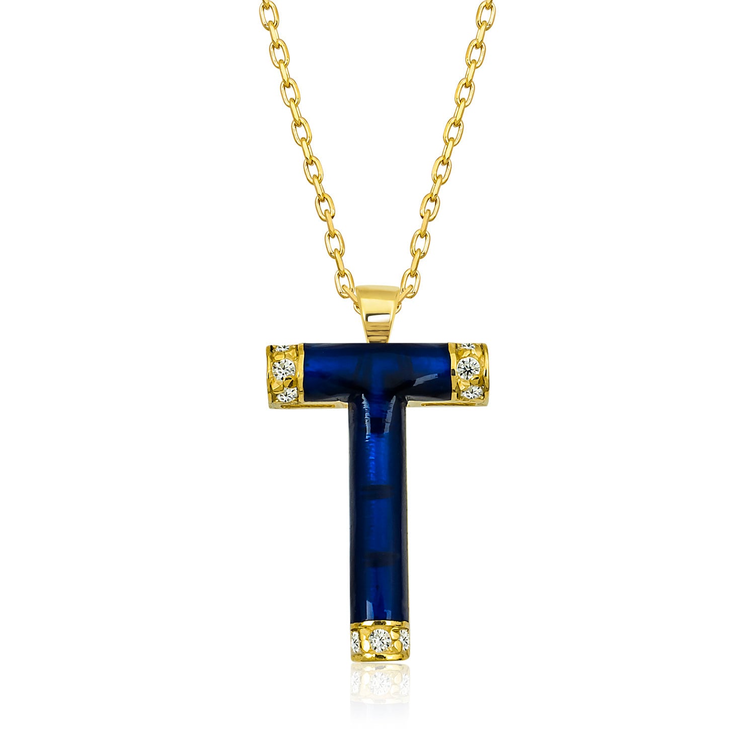 Gold Diamant Initial Halskette Für Frau/Marineblaue Emaille 14K Buchstabe T Anhänger Sie Muttertagsgeschenk von VeraByEden