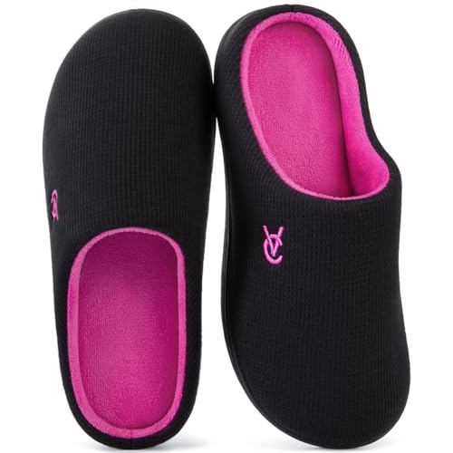 VeraCosy Damen Zweifärbig Hausschuhe Weich Bequem Strick Memoryschaum Rutschfest Pantoffeln Fuchsia Schwarz, 38-39 EU von VeraCosy