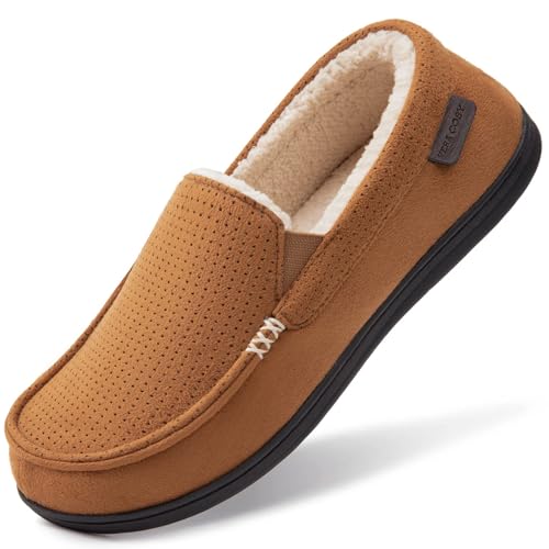 VeraCosy Herren Bequeme Mikrosuede Memory Foam Mokassin Hausschuhe Warme Sherpa Futter Haus Schuhe mit Anti-Rutsch Gummi Sohle Hellbraun,43 EU von VeraCosy