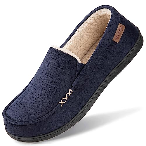 VeraCosy Herren Bequeme Wildleder Memory Foam Mokassin Hausschuhe Warme Sherpa Futter Haus Schuhe mit Anti-Rutsch Gummi Sohle Marineblau, 42 von VeraCosy