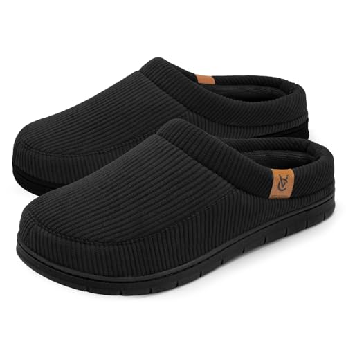 VeraCosy Herren Cord Mokassin Hausschuhe Memory Foam Winter Pantoffeln Mattschwarz, 40-41 EU von VeraCosy