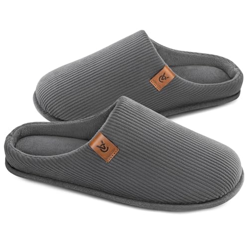 VeraCosy Herren Cord Pantoffeln gemütlich Anti-Rutsch-Gedächtnisschaum Hausschuhe mit Koralle Fleece-Futter Cooles Grau,46-47 EU von VeraCosy