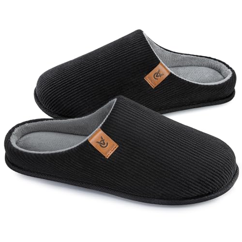 VeraCosy Herren Cord Pantoffeln gemütlich Anti-Rutsch-Gedächtnisschaum Hausschuhe mit Koralle Fleece-Futter Dunkles Schwarz,44-45 EU von VeraCosy