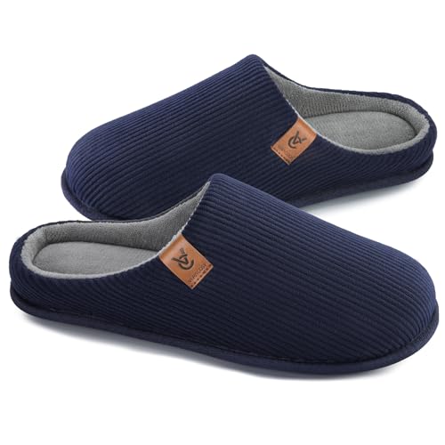 VeraCosy Herren Cord Pantoffeln gemütlich Anti-Rutsch-Gedächtnisschaum Hausschuhe mit Koralle Fleece-Futter Marine Blau,46-47 EU von VeraCosy