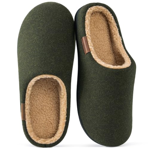 VeraCosy Herren Flauschige Pantoffeln Falscher Sherpa Memory Schaum Anti-Rutsch Innen Hausschuhe Dunkel-Oliv, 43.5 EU von VeraCosy