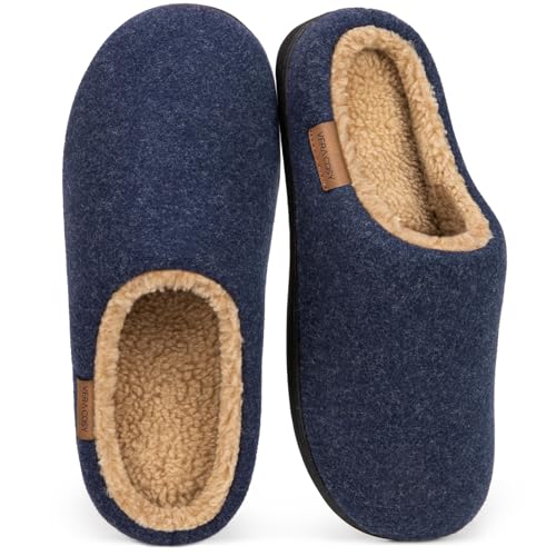 VeraCosy Herren Flauschige Sherpa Pantoffeln Memory Schaum Anti-Rutsch Innen Hausschuhe Navy，44-45 EU von VeraCosy