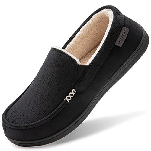 VeraCosy Herren Mokassin Hausschuhe, Slipper mit Faux Wildleder und Kunstfell Schwarz,45 EU von VeraCosy