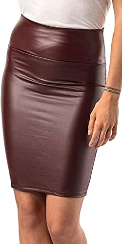 Damen knielanger Rock Leder Optik - Wetlook Stretch Rock (Bordeaux, M) von Verano