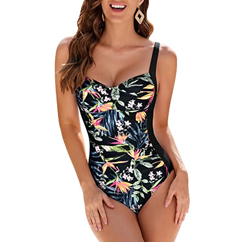 Veranobreeze Badeanzug Damen bauchweg Bauchkontrolle EIN Stück Modest Bademode für Frauen Vintage Badeanzug Damen Große größe Push Up Badeanzug(Blumen am Straßenrand, EU38) von Veranobreeze