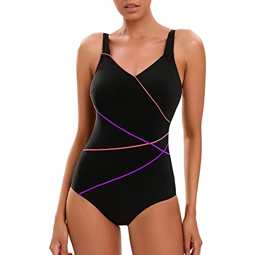 Veranobreeze Damen-Badeanzug, Einteilig, Badeanzug, Schwarz, Sportlich, Bescheidene Badebekleidung(Lila & Orange, EU38) von Veranobreeze