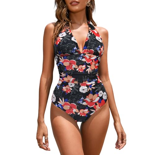 Veranobreeze Damen Badeanzug EIN Stück V Ausschnitt Halter Vintage Bauchkontrolle Bademode Rückenfrei Push Up Große Einteilige Bademode für Frauen(Schwarz/Orangenblüte, EU42) von Veranobreeze