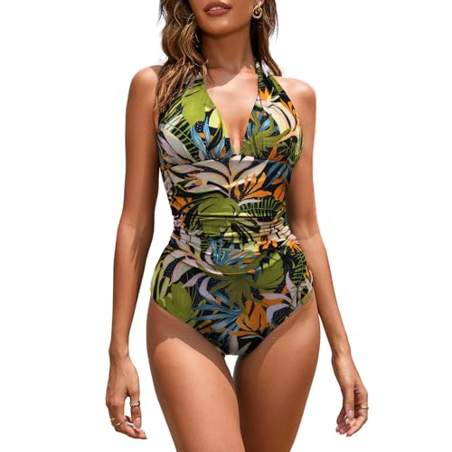 Veranobreeze Damen Badeanzug EIN Stück V Ausschnitt Halter Vintage Bauchkontrolle Bademode Rückenfrei Push Up Große Einteilige Bademode für Frauen(Tropische Blätter, EU44) von Veranobreeze