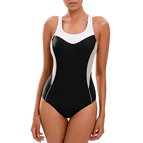 Veranobreeze Damen Sport Badeanzug Racerback Schwarz Sport Bademode (Oxidgrau/Schwarz/Weiß, EU44) von Veranobreeze