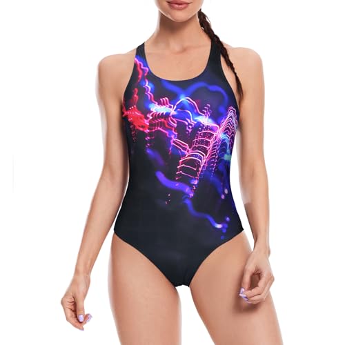 Veranobreeze Frauen Athletic Print One Piece Badeanzüge Training Bademode Racerback Wettkampf Badeanzug für Frauen (Dynamisches Neon, EU40) von Veranobreeze