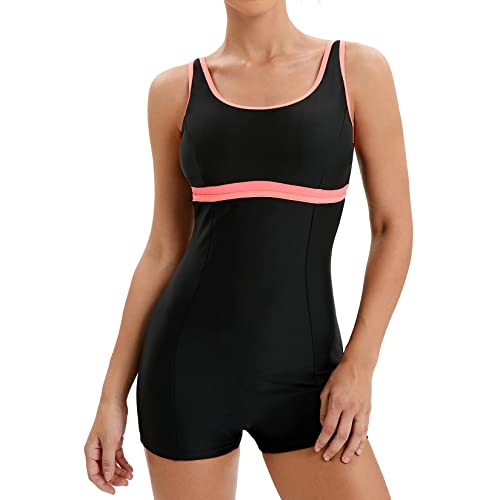 Veranohub Damen Boyleg Einteiliger Badeanzug Athletic Lap Badeanzüge Konservativer Schnitt(Schwarz/Orange,EU40) von Veranohub