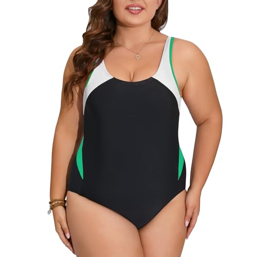 Veranohub Damen Sport Einteiliger Badeanzug Racerback Badeanzug Body Shaping Bademode(Schwarz/Grün/Weiß,EU38) von Veranohub