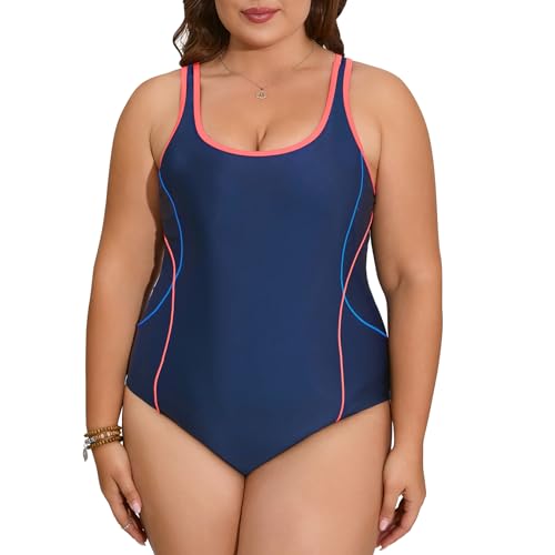 Veranohub Damen Sport Einteiliger Badeanzug Racerback Badeanzug Body Shaping Bademode (Marineblau/Blau/Rosa, EU46) von Veranohub