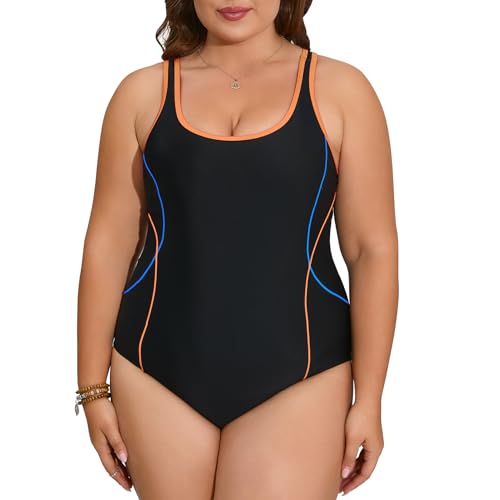 Veranohub Damen Sport Einteiliger Badeanzug Racerback Badeanzug Body Shaping Bademode (Schwarz/Blau/Orange, EU40) von Veranohub