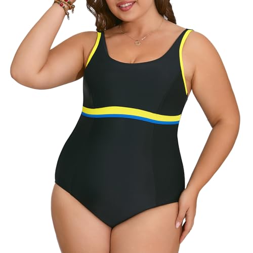 Veranohub Damen Sport Einteiliger Badeanzug U-Back Badeanzug Body Shaping Bademode (Schwarz/Gelb/Blau, EU42) von Veranohub