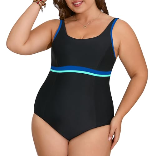 Veranohub Damen Sport Einteiliger Badeanzug U-Back Badeanzug Body Shaping Bademode (Schwarz/True Navy/Blau, EU42) von Veranohub