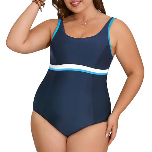 Veranohub Damen Sport Einteiliger Badeanzug U-Back Badeanzug Body Shaping Bademode (Weiß/Blau/Marineblau, EU40) von Veranohub