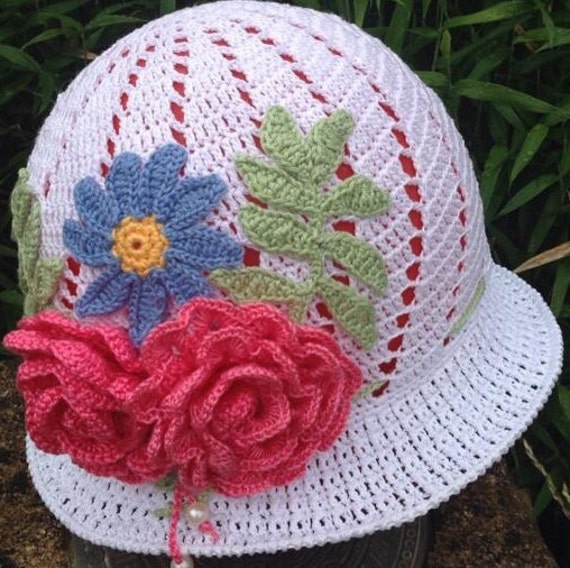 Häkeln Cloche Sommerhut, Panama, Blumen Hut, Strand Baumwollhut, Hut Für Ein Mädchen, Frauen Häkeln Cloche Sommerhut, Panama, Blumen Hut, Strand Baumwollhut, Hut Für Ein Mädchen, Frauen von Verascrochet