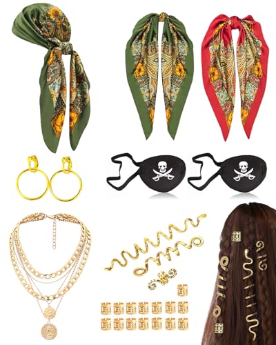 Verceco Piratenkostüm-Zubehör für Damen mit Bandana, Kopftuch, Piraten-Augenklappe, Halskette, Loc Haarschmuck, Grün / Rot, Einheitsgröße Verceco Piratenkostüm-Zubehör für Damen mit Bandana, Kopftuch, Piraten-Augenklappe, Halskette, Loc Haarschmuck, Grün / Rot, Einheitsgröße von Verceco
