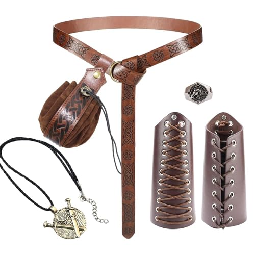 Vercico Mittelalter Kleidung für Damen Herren Accessoires Set, Wikinger Gürtel Lederbeutel Armschienen Vintage Renaissance Ritter Deko (Braun-6PCS) von Vercico