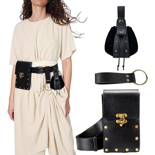 Vercico Mittelalter Kleidung für Damen Herren Accessoires Set, Wikinger Gürtel Lederbeutel Armschienen Vintage Renaissance Ritter Deko (Schwarz-3PCS) von Vercico