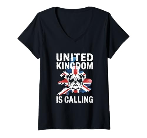 Damen United Kingdom is Calling Bulldogge Union Jack T-Shirt mit V-Ausschnitt von Vereinigtes Königreich Bulldogge Union Jack Fan