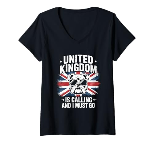 Damen United Kingdom is Calling and I Must Go Großbritannien T-Shirt mit V-Ausschnitt von Vereinigtes Königreich Union Jack Bulldogge Reise