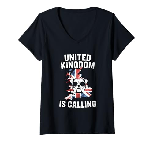 Damen United Kingdom is Calling Union Jack Bulldogge T-Shirt mit V-Ausschnitt Damen United Kingdom is Calling Union Jack Bulldogge T-Shirt mit V-Ausschnitt von Vereinigtes Königreich Union Jack Bulldogge