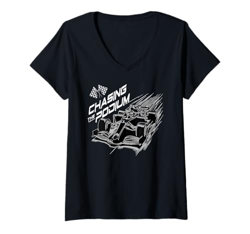 Damen Schnelles Auto -Rennen jagen das Podium T-Shirt mit V-Ausschnitt Damen Schnelles Auto -Rennen jagen das Podium T-Shirt mit V-Ausschnitt von Verfolgung des Podium -Rennwagens für
