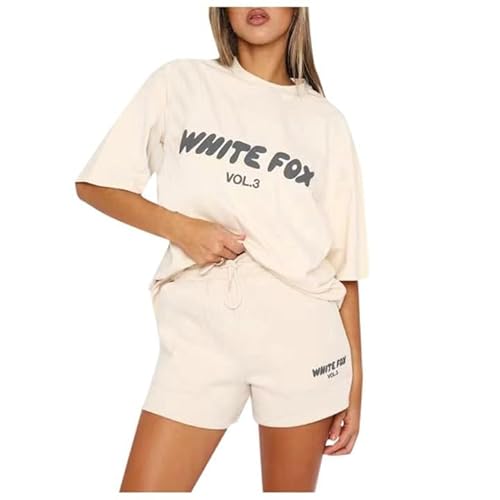 Damen Trainingsanzug 2 Stück Sweatshirt Einfarbig Rundhals Pullover Bluse Sweatshirt Für Frauen Shorts Ärmel WEISSER Fox (Aprikose,XL) von Veriliss