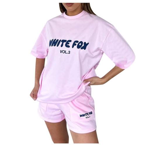 Veriliss Damen Trainingsanzug 2 Stück Sweatshirt Einfarbig Rundhals Pullover Bluse Sweatshirt Für Frauen Shorts Ärmel WEISSER FOX (Rosa,XXL) von Veriliss
