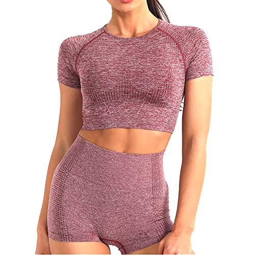 Veriliss 2 Stück Damen Yoga Trainingsanzüge Sportanzug Jogginganzug Kurzarm Und Shorts Set Fitness Anzug Trainingsoutfits(Rot,S) von Veriliss