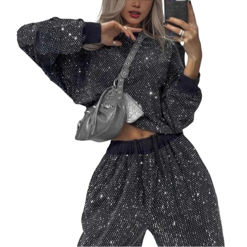 Veriliss 2-Teilig Damen Trainingsanzug Glitter Pailletten Outfits Mädchen High Waisted Langarm Lounge Set (Schwarz,M) von Veriliss